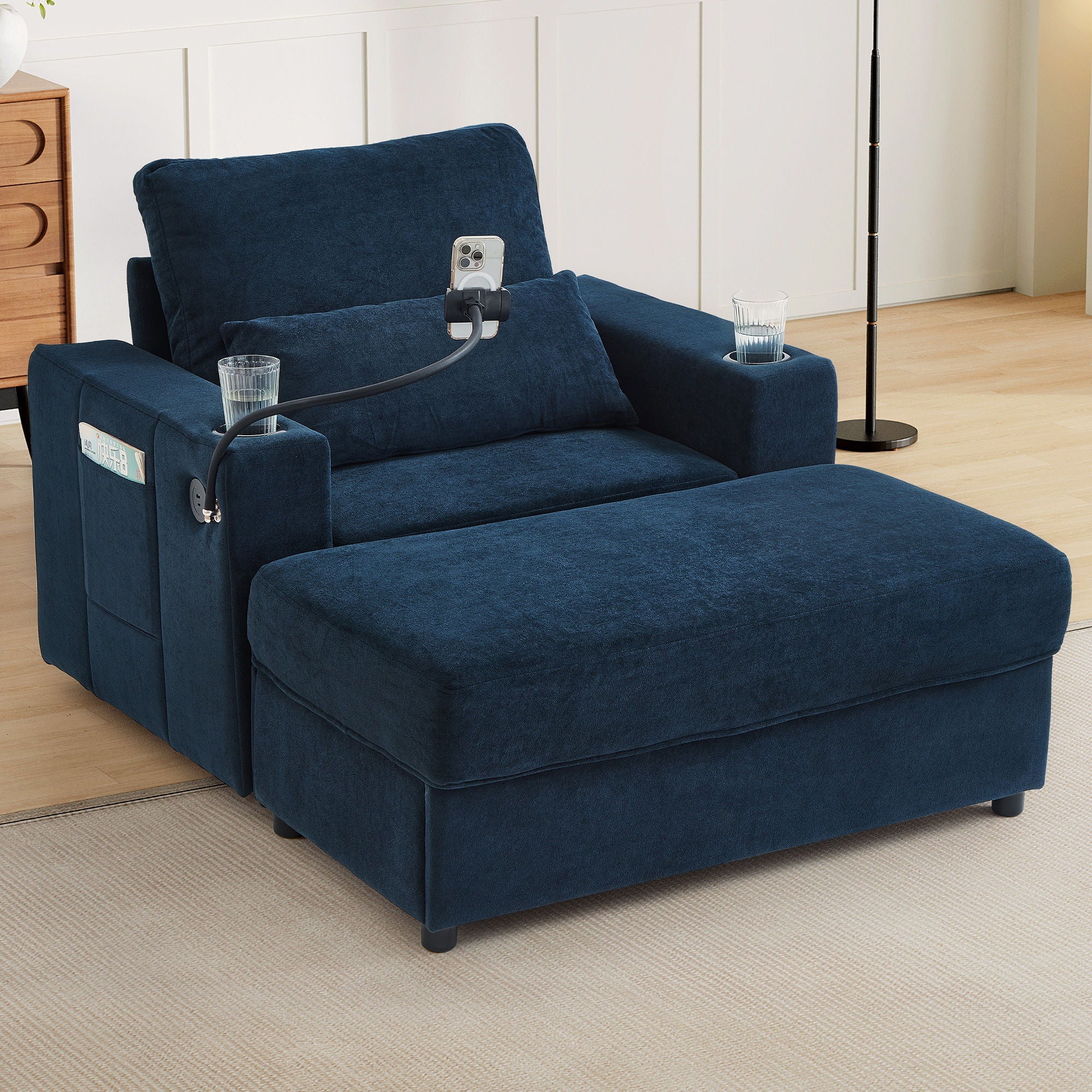 Modern Style Armchair Chaise Lounge Sofa Couch With Movable Storage Ottoman, USB Ports, Cup Holders, Phone Holder, Side Pockets