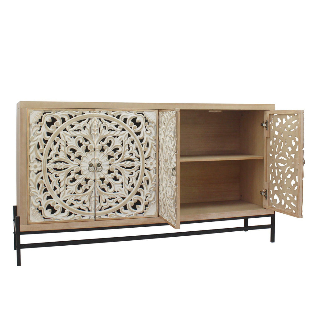 Carved 4 Door Cabinet, Storage Sideboard For Living Room - Multi
