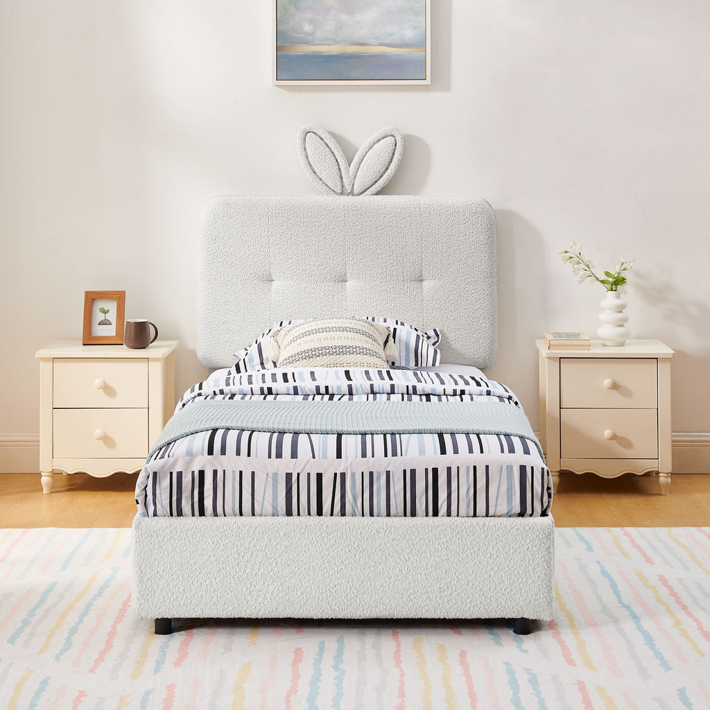 Upholstered Bed With Oversized Rabbit Ear Headboard, LED Lights & 4 Storage Drawers