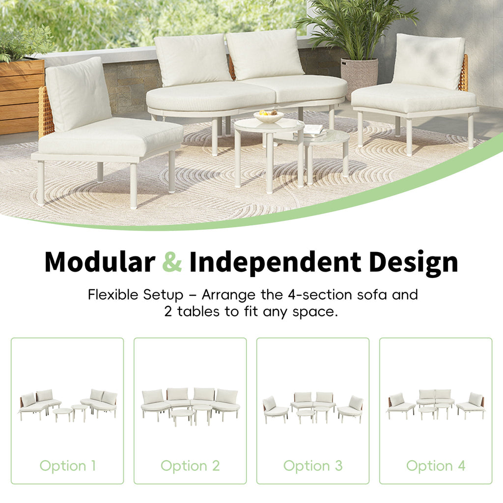6 Piece Patio Set, Half Moon Outdoor Sectional Sofa With 2 High Low Coffee Tables, 4 Pillows & Cushions