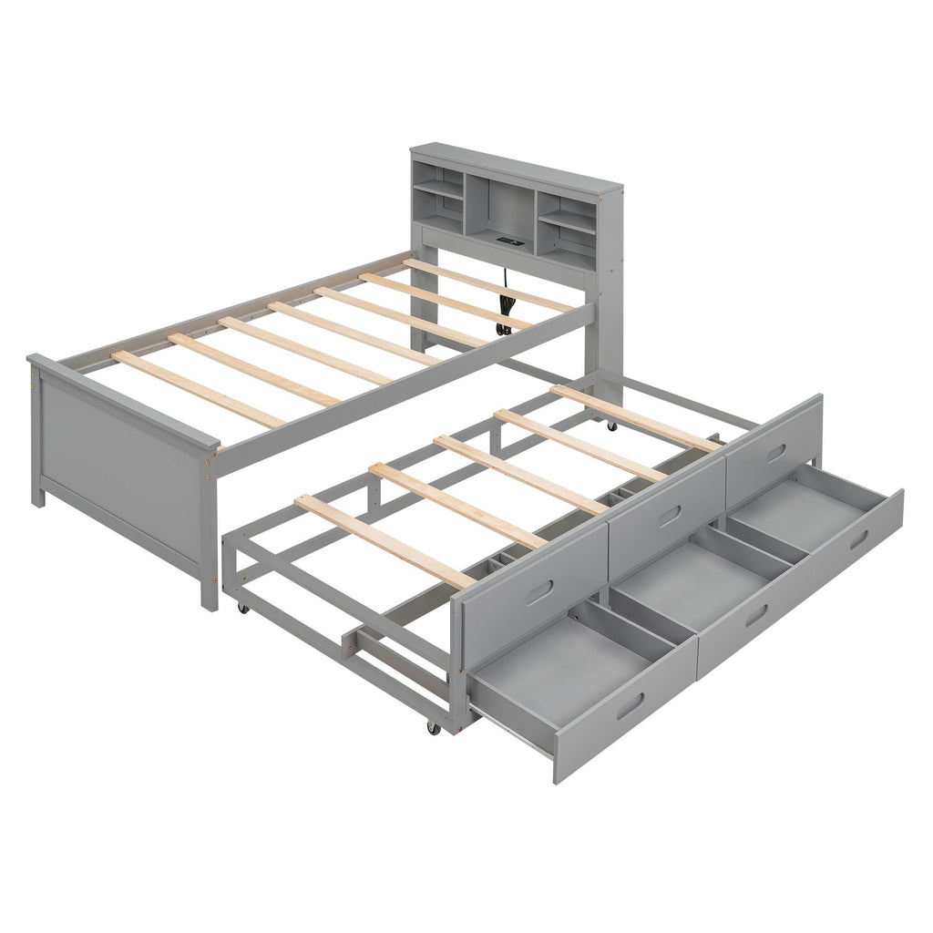 Platform Bed With Storage Headboard, USB, Trundle And 3 Drawers